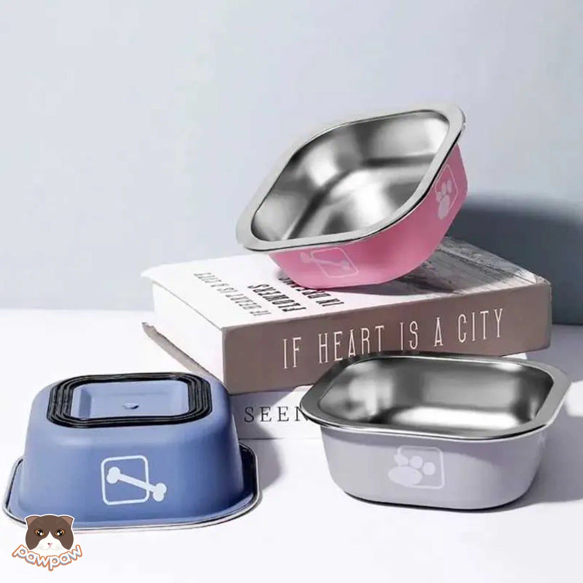  Bát đơn inox vuông chống trượt cho chó mèo 