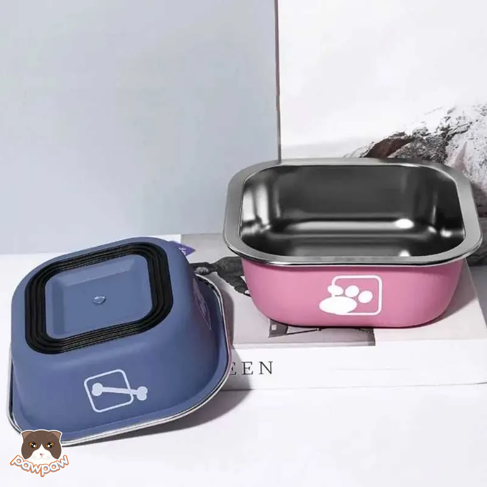  Bát đơn inox vuông chống trượt cho chó mèo 