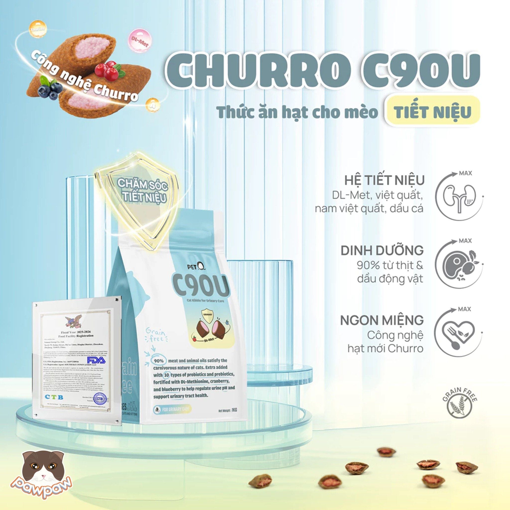  Hạt PetQ C90U Urinary hỗ trợ thận gói 1kg cho mèo mội độ tuổi 