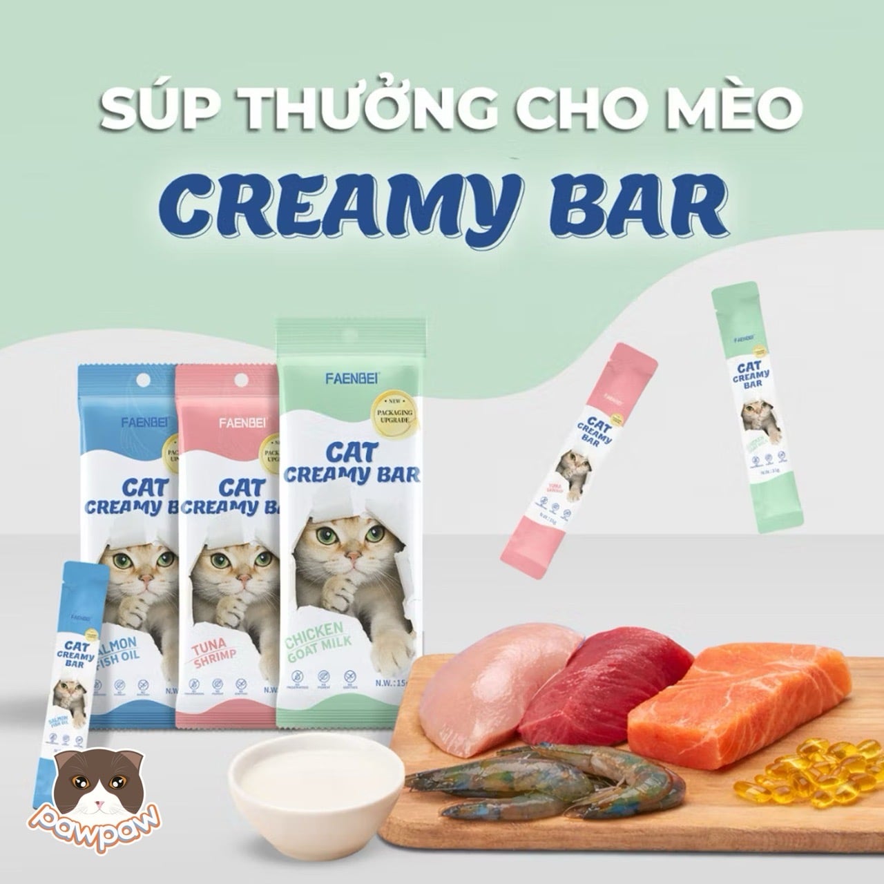  Thức ăn hỗn hợp hoàn chỉnh súp thưởng cho mèo ở mọi lứa tuổi dạng kem FAENBEI 15g ( gói 4 thanh ) 