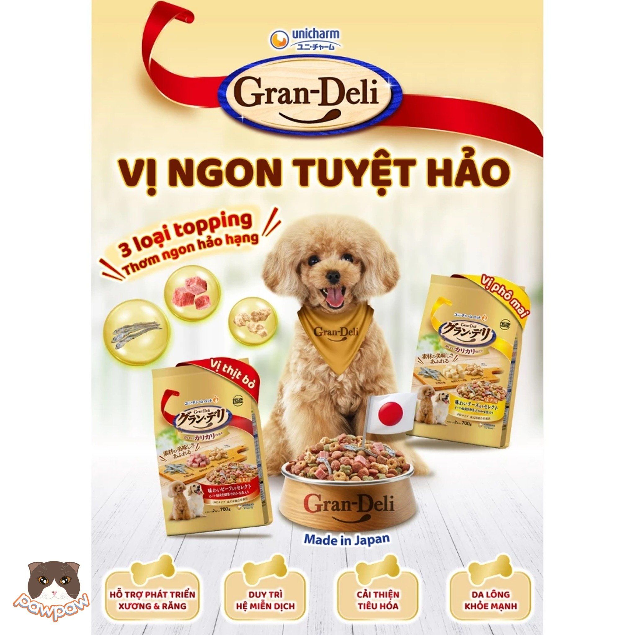  Thức ăn hạt cho chó trưởng thành Gran-Deli vị phô mai, bò, rau củ topping cá khô 