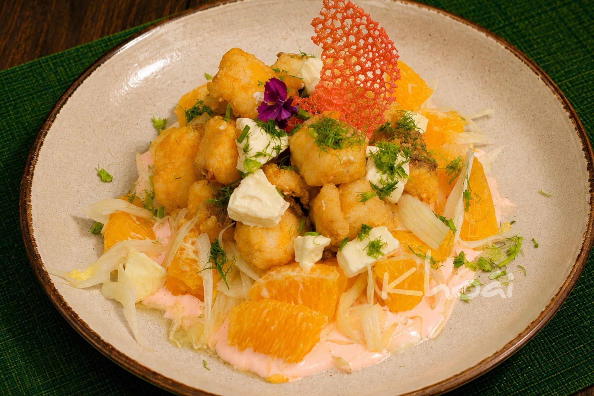  Salad Chẽm Giòn Phô Mai Cam - Crispy Fried Sea Bass Salad with Orange & Cheese 