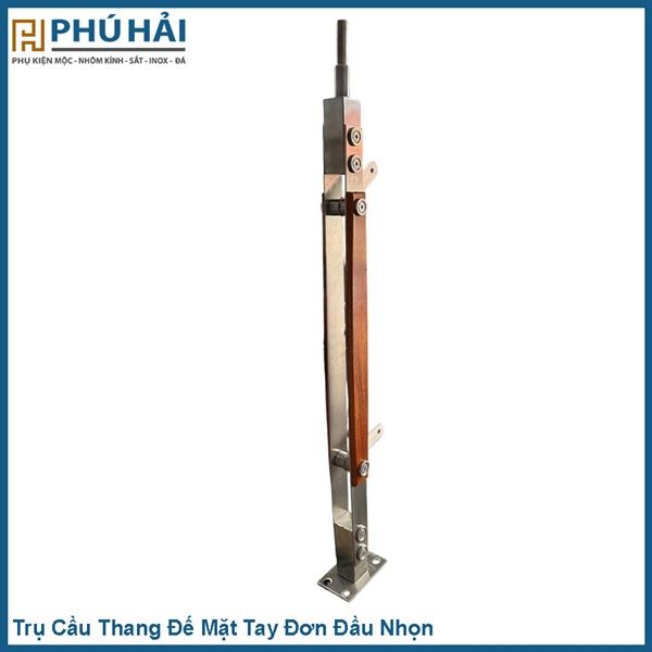  Trụ cầu thang đế mặt inox 201 tay đơn ốp gỗ 3ly đầu nhọn 