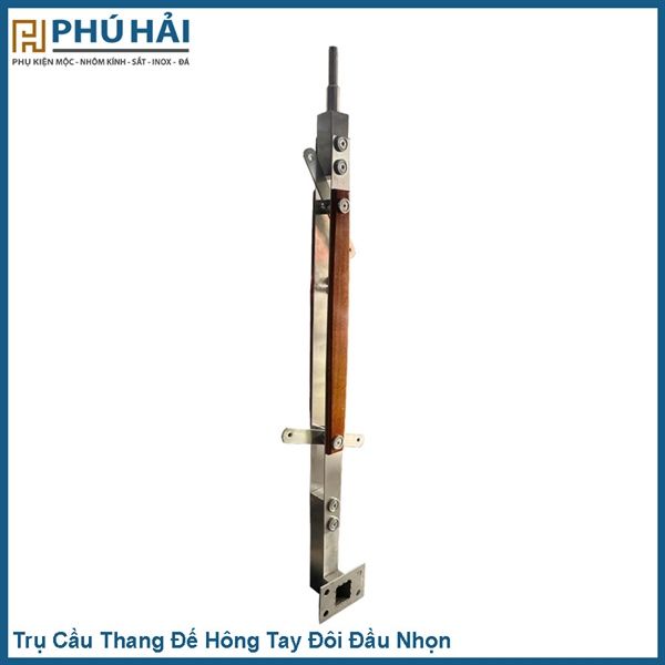  Trụ cầu thang đế hông inox 201 tay đôi ốp gỗ 3ly đầu nhọn 