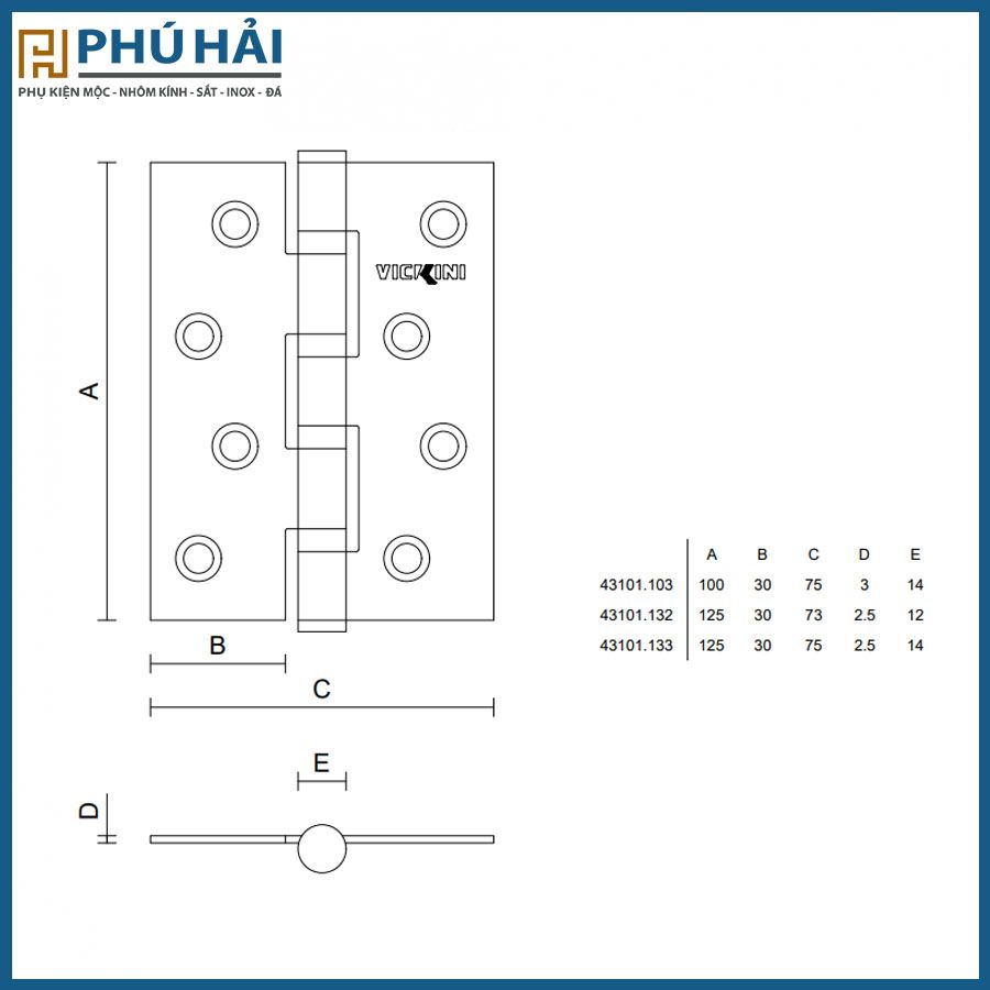  Bản lề cửa VICKINI 43101.133 OBP, 1.25T dày 3.0mm (20 cái) 
