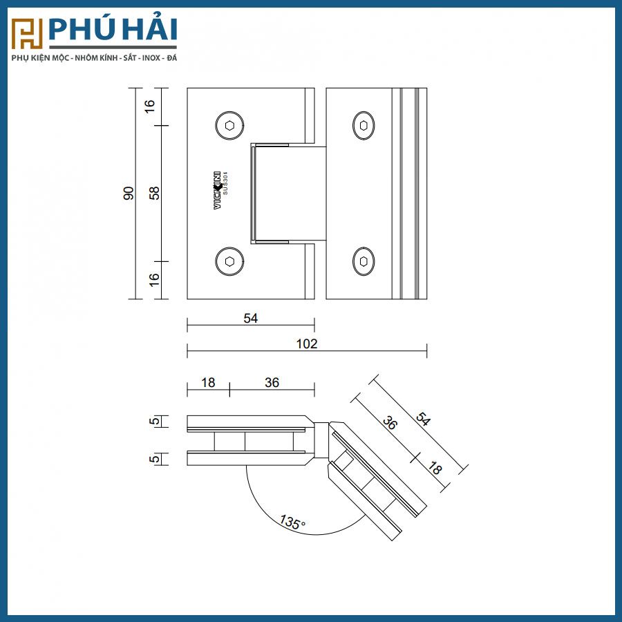  Bản lề kính VICKINI 66078.135 (135 độ) kính kính OPB Đen mờ 