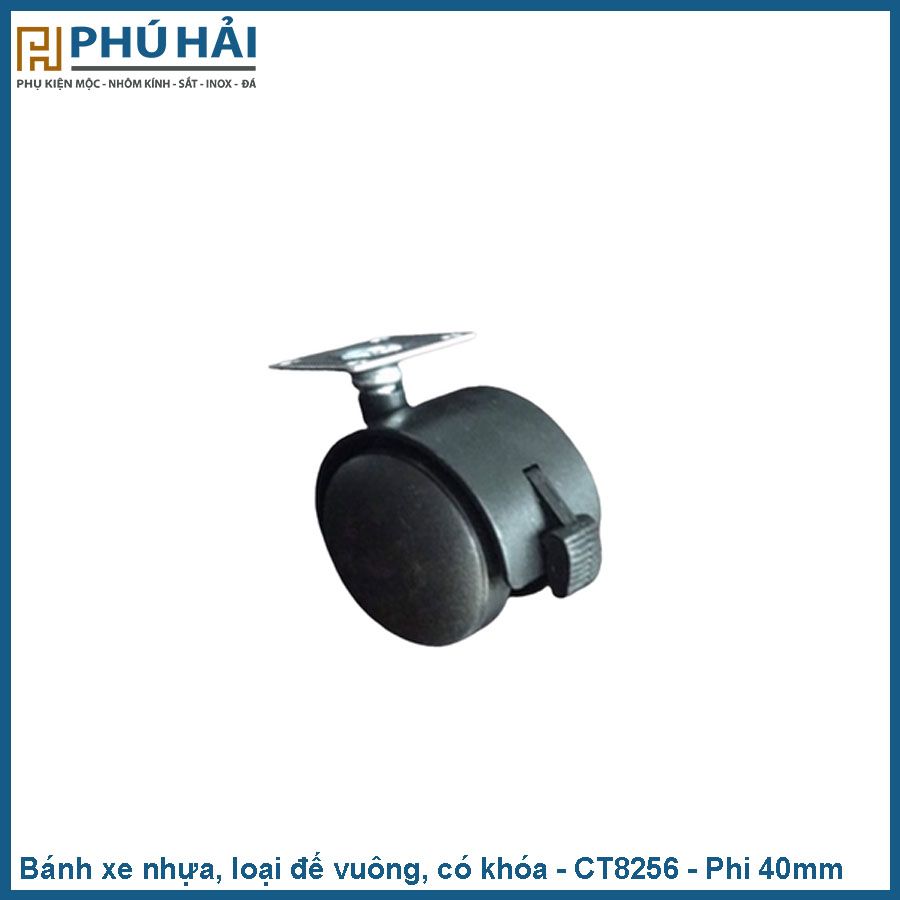  Bánh xe nhựa, loại đế vuông, có khóa, màu đen - hàng tốt-CT8256 - Phi 40mm (4Cái/Bịch) 