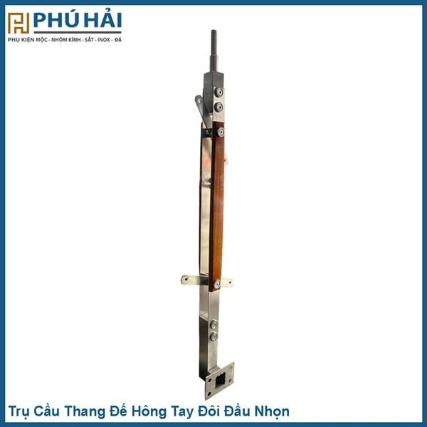  Trụ cầu thang đế hông inox 304 tay đôi gỗ sồi 3ly đầu nhọn 