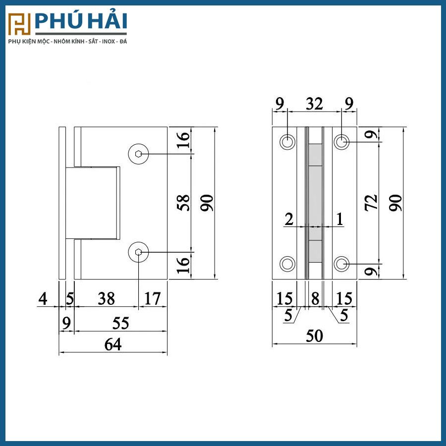  Kẹp kính 90 VICKINI 66078.90 kính -tường OPB đen mờ 