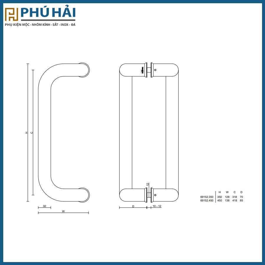  Tay cửa kính VICKINI 69152.450-Þ32x450 PSS/SSS- inox mờ 