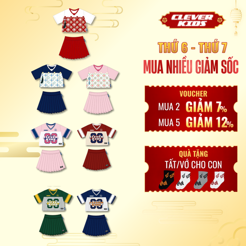  [Set Bộ Cho Bé Gái] Bộ Áo Váy Tết An Hoa & Bộ Áo Váy Pickleball Thương Hiệu Clever Kids - Chất Vải Cotton Bóng Mỹ Năng Động Cho Bé Gái 