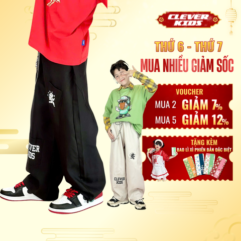  [Quần Dù Tết Cho Bé 20kg - 60kg] Quần Dù Cargo Play Clever Kids Phong Cách Hiphop Năng Động Unisex 