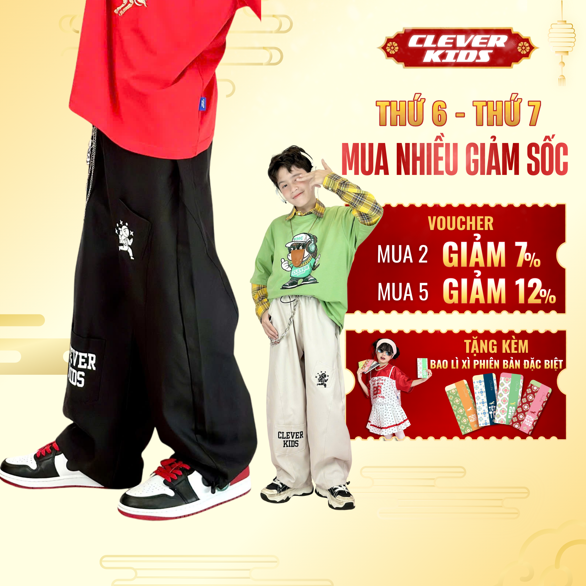 [Quần Dù Tết Cho Bé 20kg - 60kg] Quần Dù Cargo Play Clever Kids Phong Cách Hiphop Năng Động Unisex