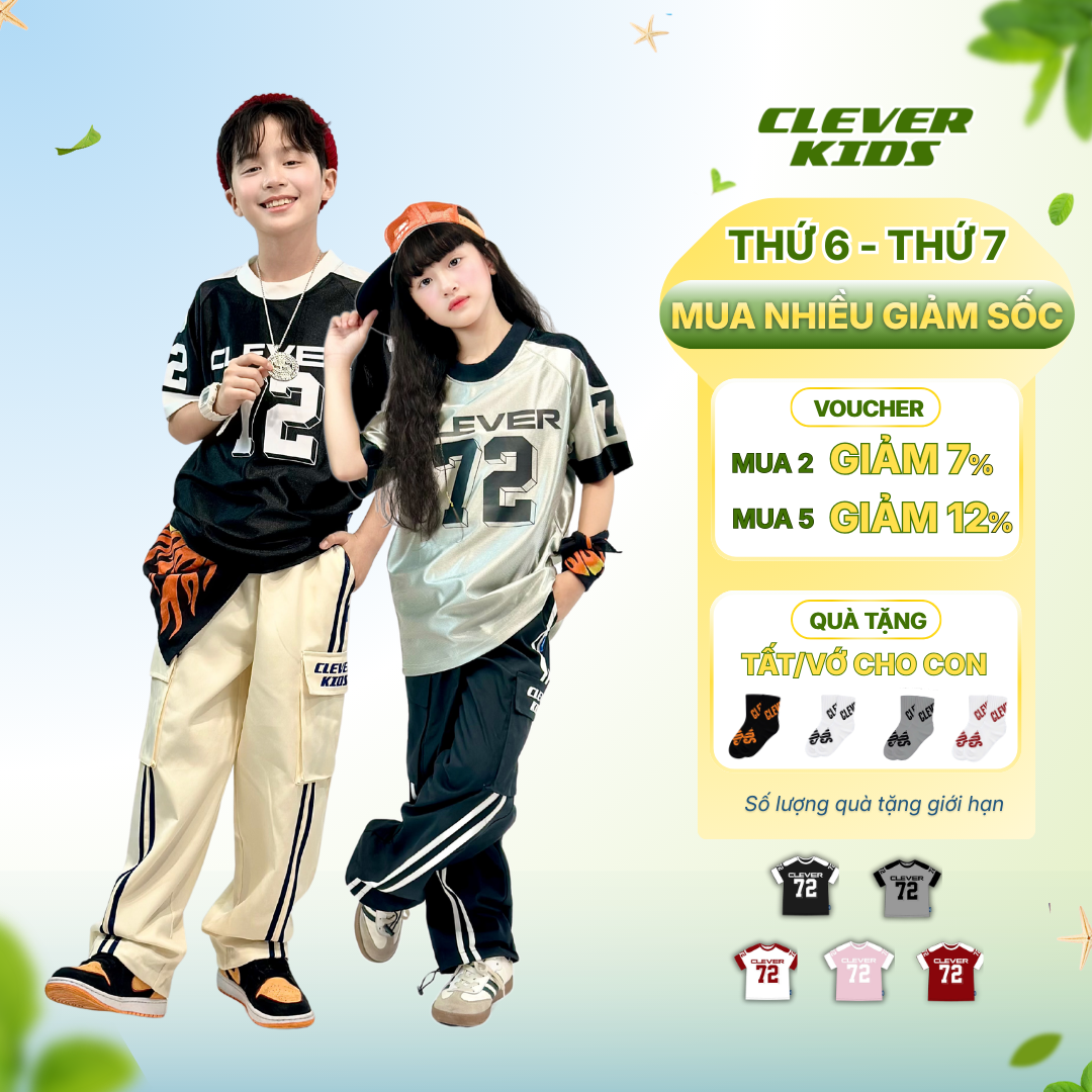 Áo thun Jersey Bé Trai/Bé Gái 6–12 tuổi -  Form năng động, chất cotton thoáng mát I Số 72 Clever Kids