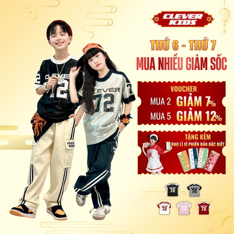  Áo thun Jersey Bé Trai/Bé Gái 6–12 tuổi -  Form năng động, chất cotton thoáng mát I Số 72 Clever Kids 