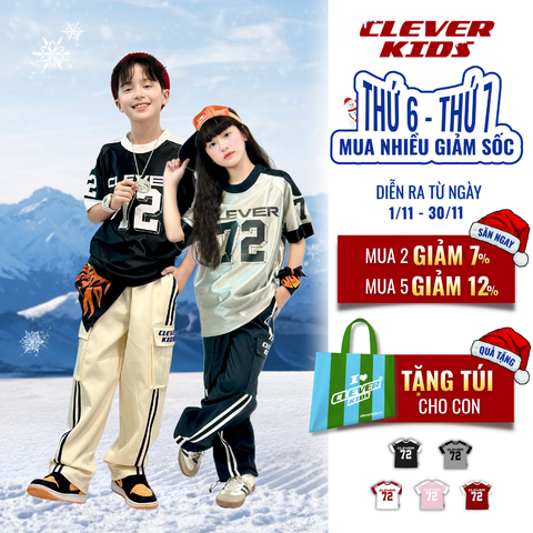  Áo thun Jersey Bé Trai/Bé Gái 6–12 tuổi -  Form năng động, chất cotton thoáng mát I Số 72 Clever Kids 