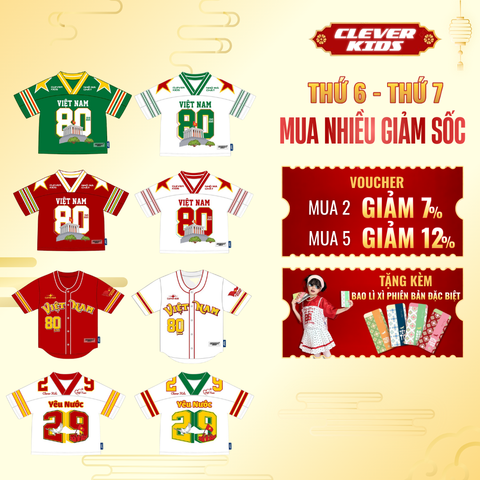  Áo Gia Đình từ 15kg - 60kg [ BST Áo Việt Nam 80 Năm] – Áo Jersey Cổ Tim Chất Lưới, Áo Bóng Chày và Áo 29 Cotton Bóng Mỹ Form Rộng, Thoáng Mát I Clever Kids 
