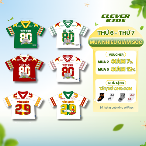 Áo Gia Đình từ 15kg - 60kg [ BST Áo Việt Nam 80 Năm] – Áo Jersey Cổ Tim Chất Lưới, Áo Bóng Chày và Áo 29 Cotton Bóng Mỹ Form Rộng, Thoáng Mát I Clever Kids 