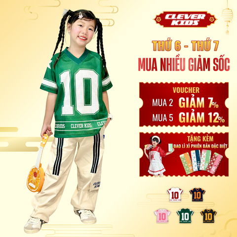  Áo thun cho Bé Trai/Bé Gái 6–12 tuổi -  Mát mẻ, chất lưới thoáng mát I Áo lưới số 10 Clever Kids 