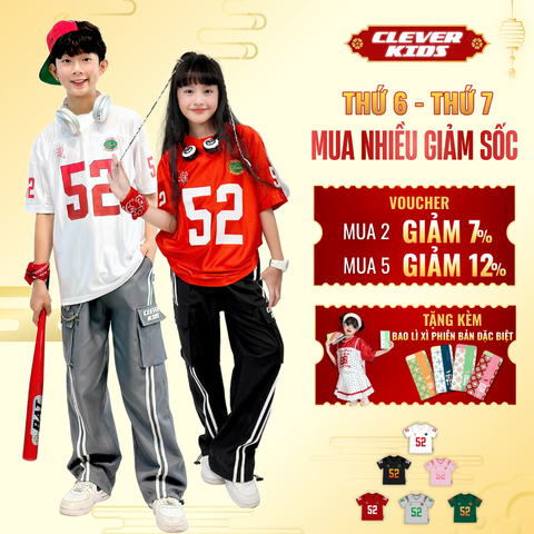  Áo thun Jersey Bé Trai/Bé Gái 6–12 tuổi -  Form năng động, chất cotton thoáng mát I Số 52 01 Clever Kids 