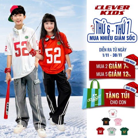  Áo thun Jersey Bé Trai/Bé Gái 6–12 tuổi -  Form năng động, chất cotton thoáng mát I Số 52 01 Clever Kids 