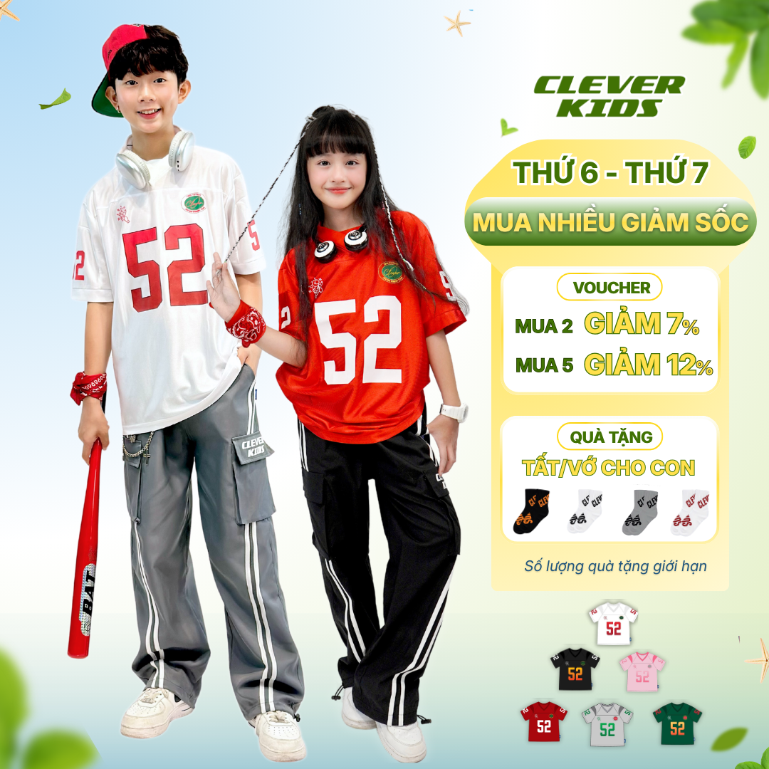 Áo thun Jersey Bé Trai/Bé Gái 6–12 tuổi -  Form năng động, chất cotton thoáng mát I Số 52 01 Clever Kids