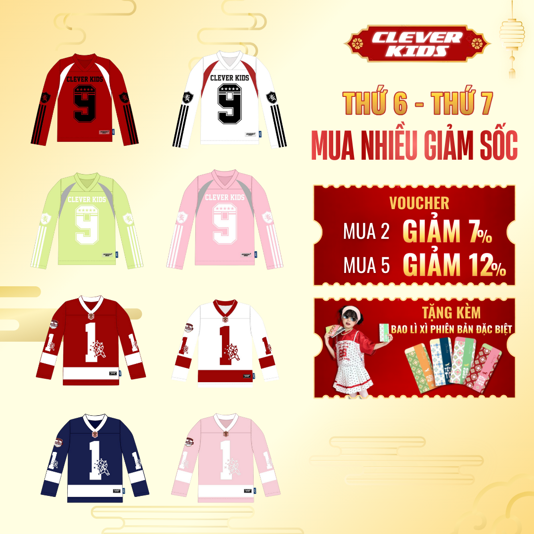 Áo Dài Tay Thu Đông Cho Bé 20kg-60kg - Áo Number 9, Áo Number 1 Clever Kids