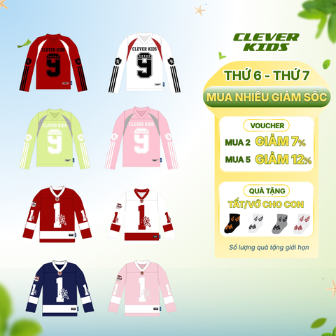  Áo Dài Tay Thu Đông Cho Bé 20kg-60kg - Áo Number 9, Áo Number 1 Clever Kids 