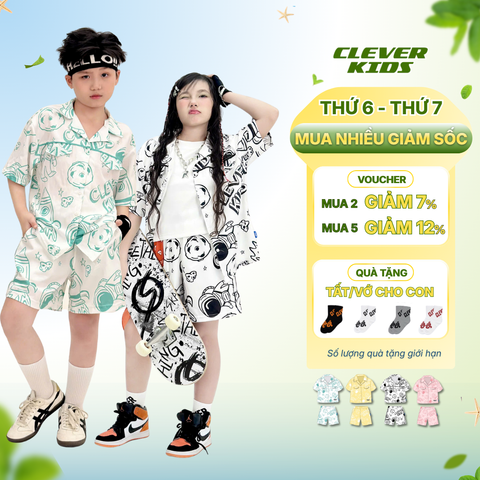  Set bộ cho Bé Trai/Bé Gái 6–12 tuổi – Phối màu nổi bật, chất tafta mềm mịn I Bộ Sơ Mi Astro Clever Kids 