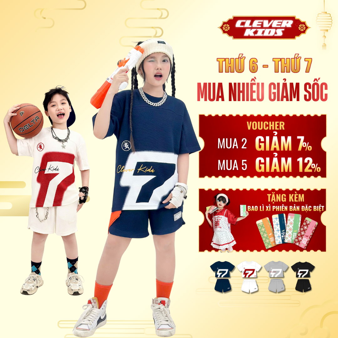 Set bộ cho Bé Trai/Bé Gái 6–12 tuổi – Họa tiết in cá tính, thấm hút mồ hôi I  Bộ Urban Số 7 Clever Kids