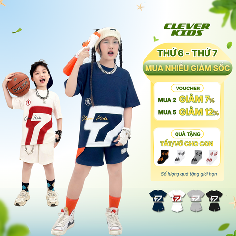 Set bộ cho Bé Trai/Bé Gái 6–12 tuổi – Họa tiết in cá tính, thấm hút mồ hôi I  Bộ Urban Số 7 Clever Kids 