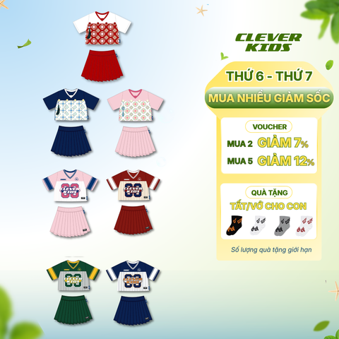  [Set Bộ Cho Bé Gái] Bộ Áo Váy Tết An Hoa & Bộ Áo Váy Pickleball Thương Hiệu Clever Kids - Chất Vải Cotton Bóng Mỹ Năng Động Cho Bé Gái 