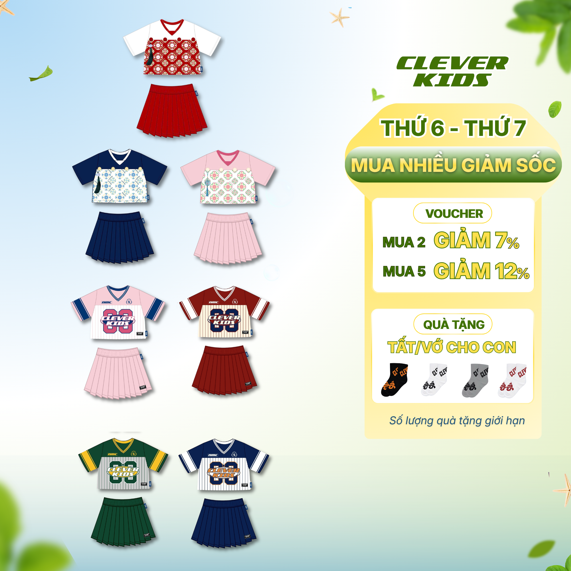 [Set Bộ Cho Bé Gái] Bộ Áo Váy Tết An Hoa & Bộ Áo Váy Pickleball Thương Hiệu Clever Kids - Chất Vải Cotton Bóng Mỹ Năng Động Cho Bé Gái