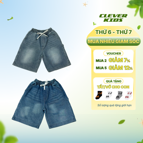  [Quần Short Cho Bé 20kg-60kg] Quần Jeans Tab Clever Kids Trendy Cá Tính Chất Jean Cao Cấp 