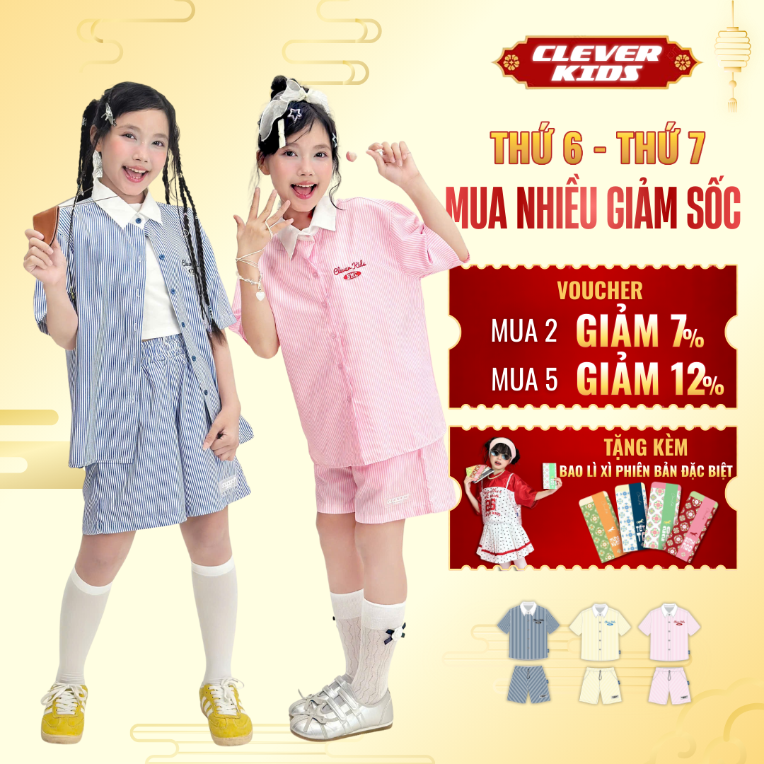 Set bộ cho Bé Trai/Bé Gái 6–12 tuổi – Phối màu nổi bật, chất tafta mềm mịn I Bộ Playline Clever Kids