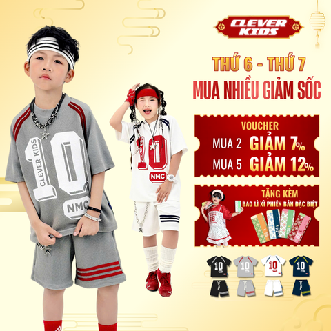  Set bộ cho Bé Trai/Bé Gái 6–12 tuổi – Họa tiết cá tính, thấm hút mồ hôi I  Bộ 3D Hàn Số 10 Clever Kids 