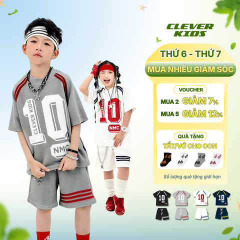  Set bộ cho Bé Trai/Bé Gái 6–12 tuổi – Họa tiết cá tính, thấm hút mồ hôi I  Bộ 3D Hàn Số 10 Clever Kids 