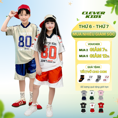  Set bộ cho Bé Trai/Bé Gái 6–12 tuổi - Phối màu nổi bật, chất cotton cao cấp I Bộ Số 80 Clever Kids 