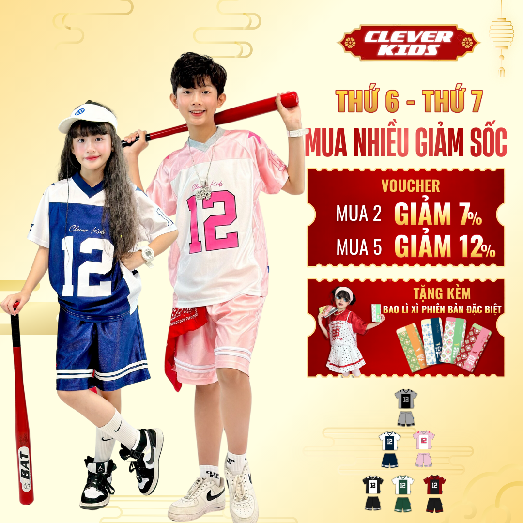 Set bộ cho Bé Trai/Bé Gái 6–12 tuổi – Phối màu nổi bật, chất cotton cao cấp I Bộ số 12 Clever Kids