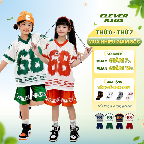  Set bộ cho Bé Trai/Bé Gái 6–12 tuổi – Chất Lưới Thoáng Mát I Bộ 68 Lưới Clever Kids 