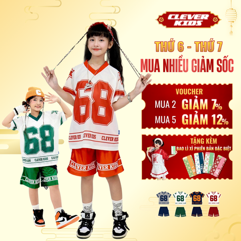  Set bộ cho Bé Trai/Bé Gái 6–12 tuổi – Chất Lưới Thoáng Mát I Bộ 68 Lưới Clever Kids 