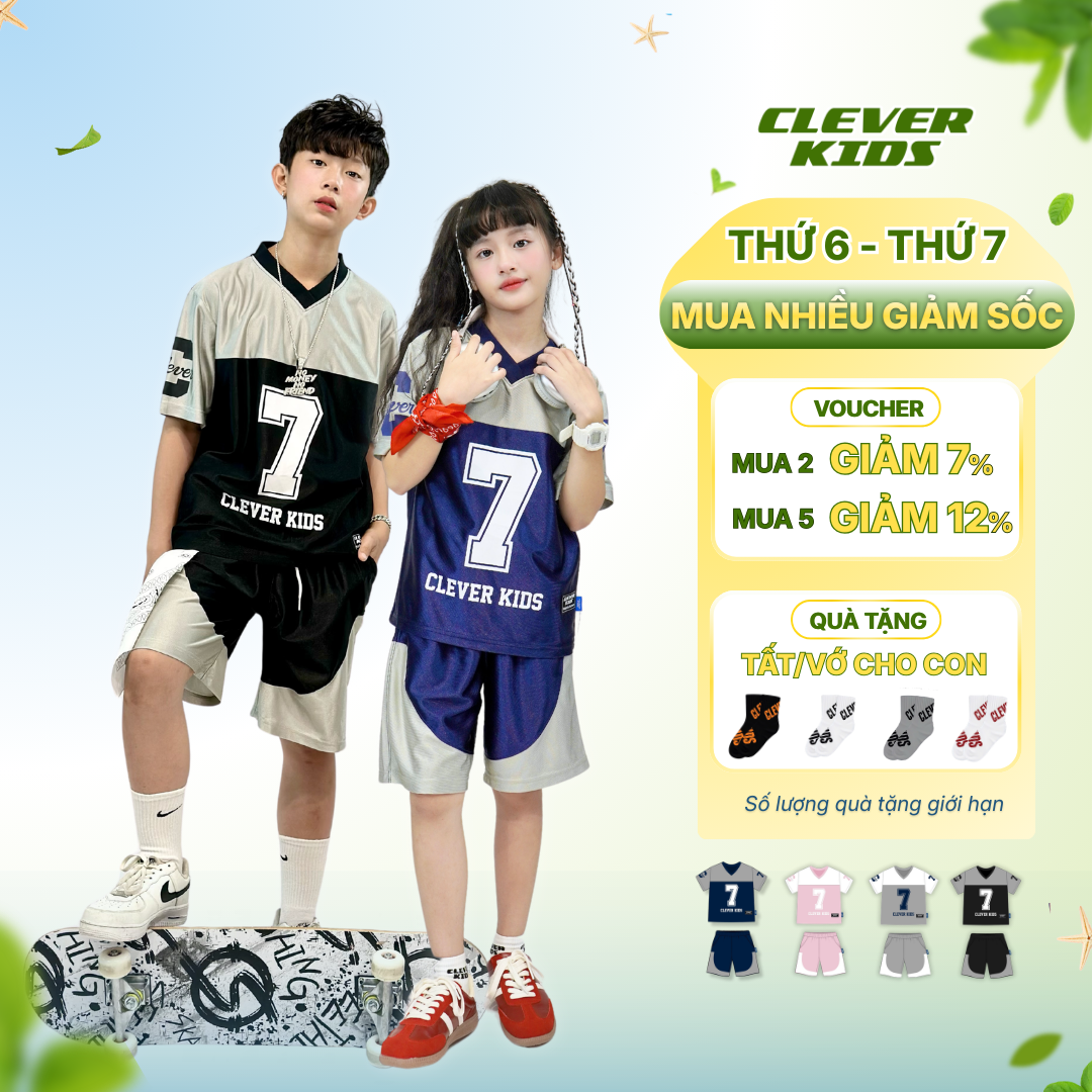 Set bộ cho Bé Trai/Bé Gái 6–12 tuổi – Thiết kế cá tính, chất cotton cao cấp I Bộ số 7 Clever Kids
