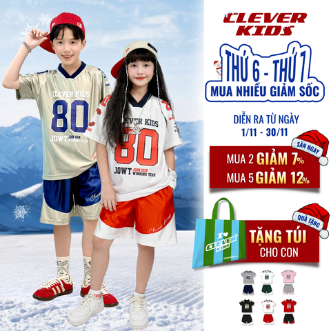  Set bộ cho Bé Trai/Bé Gái 6–12 tuổi - Phối màu nổi bật, chất cotton cao cấp I Bộ Số 80 Clever Kids 