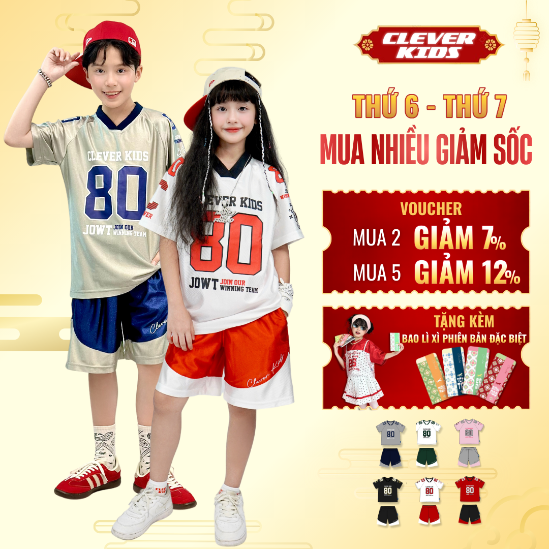 Set bộ cho Bé Trai/Bé Gái 6–12 tuổi - Phối màu nổi bật, chất cotton cao cấp I Bộ Số 80 Clever Kids