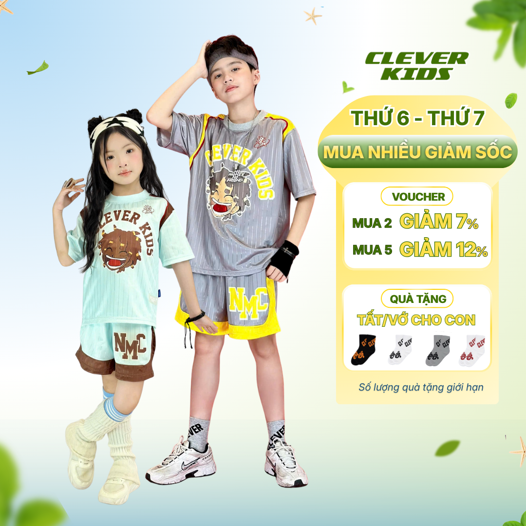 [Set Bộ Cho Bé Từ 15kg-60kg] Set Bộ Nhóc Squad Thể Thao Năng Động Clever Kids Thiết Kế Cổ Áo Tròn