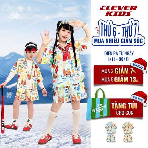  Set bộ cho Bé Trai/Bé Gái 6–12 tuổi – In Địa Danh Việt Nam, Chất Tafta mềm mịn I Bộ Sơ Mi Vietnamese Clever Kids 