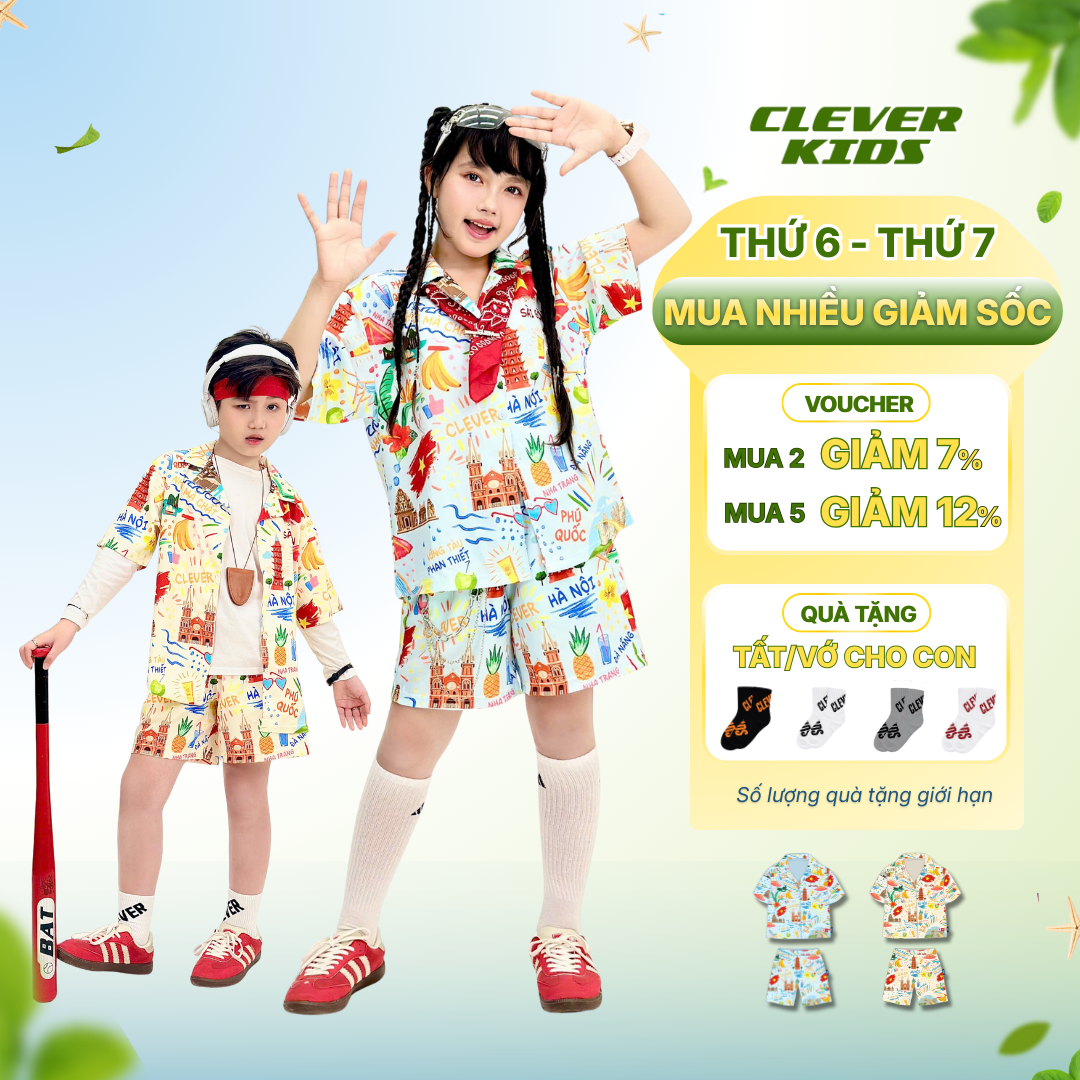 Set bộ cho Bé Trai/Bé Gái 6–12 tuổi – In Địa Danh Việt Nam, Chất Tafta mềm mịn I Bộ Sơ Mi Vietnamese Clever Kids