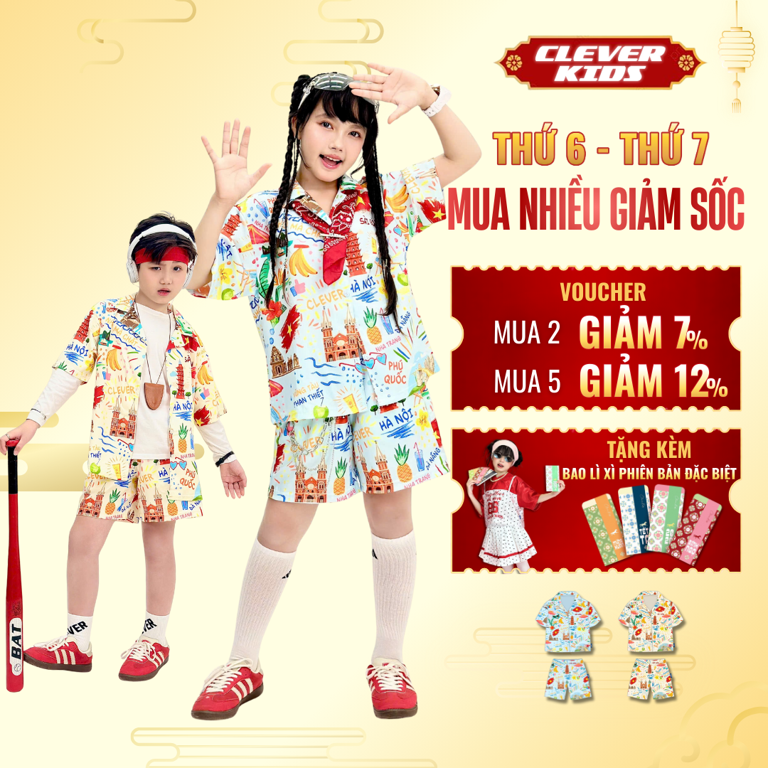 Set bộ cho Bé Trai/Bé Gái 6–12 tuổi – In Địa Danh Việt Nam, Chất Tafta mềm mịn I Bộ Sơ Mi Vietnamese Clever Kids