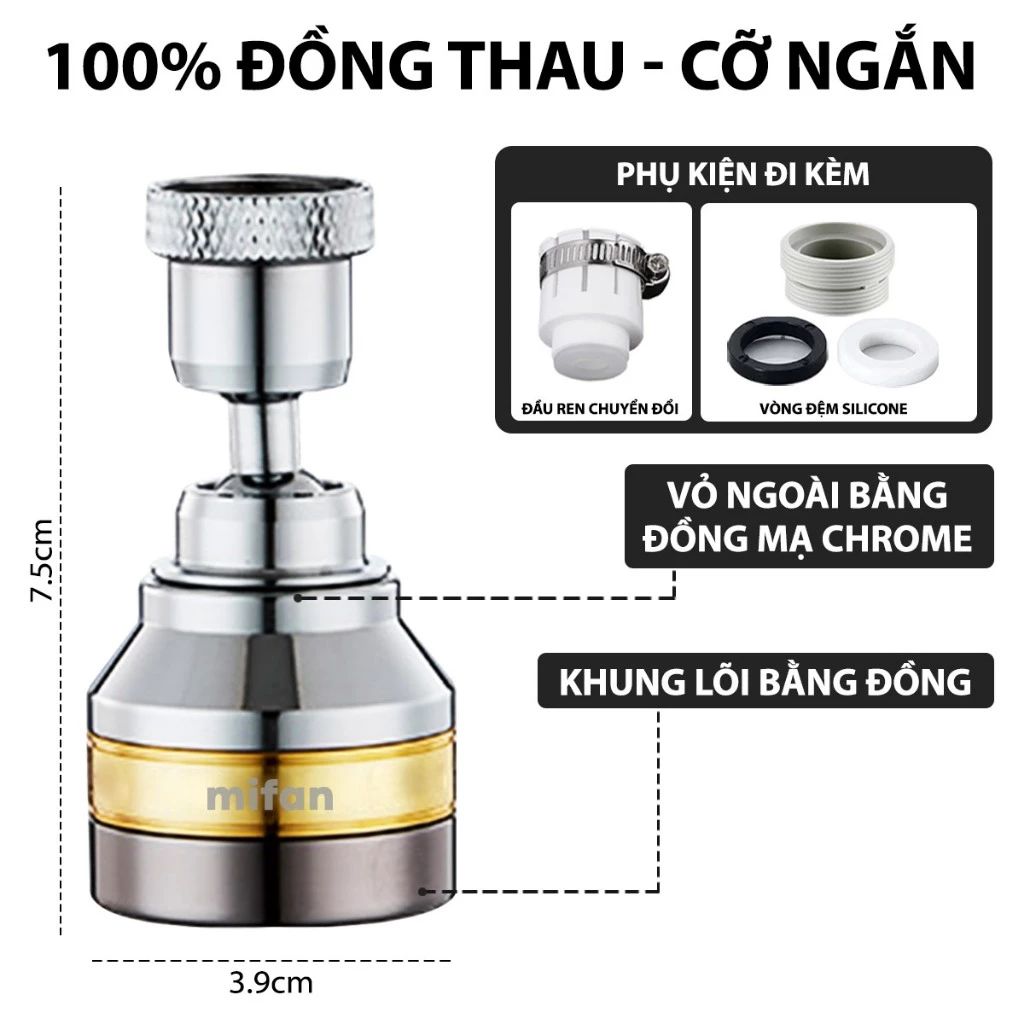 Đầu vòi rửa bát tăng áp đồng thau inox 304 cao cấp Mifan