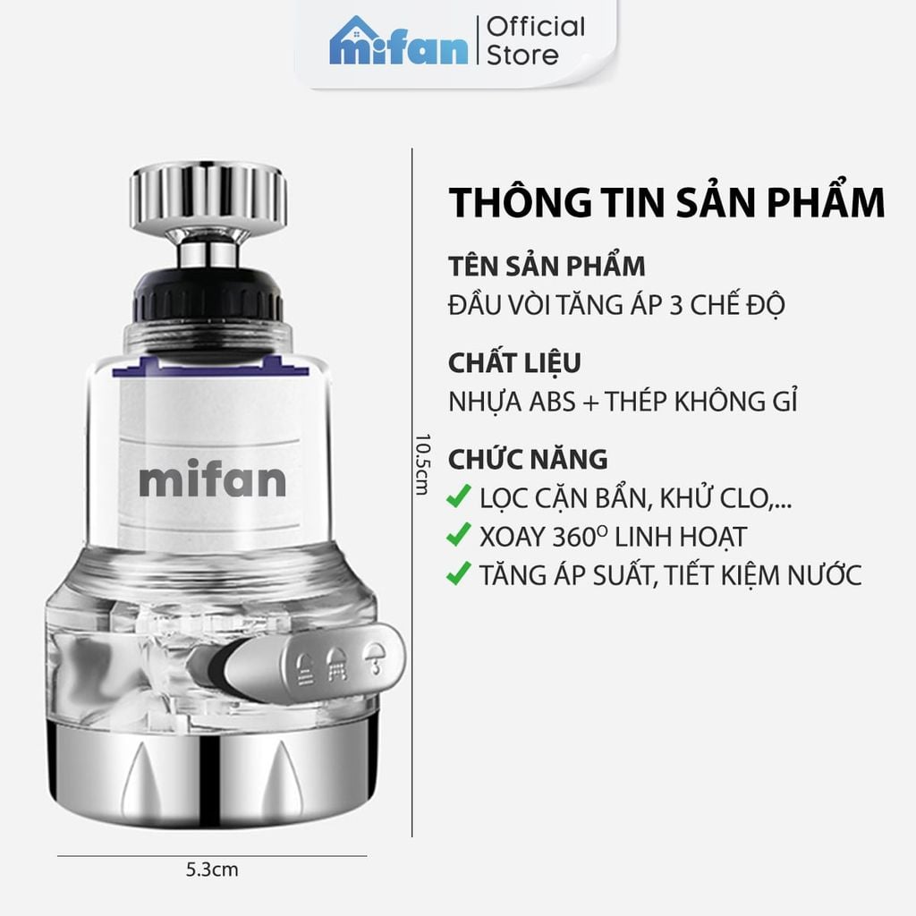 Đầu Vòi Rửa Bát Tăng Áp Lọc Nước 3 Chế Độ Phun Mifan